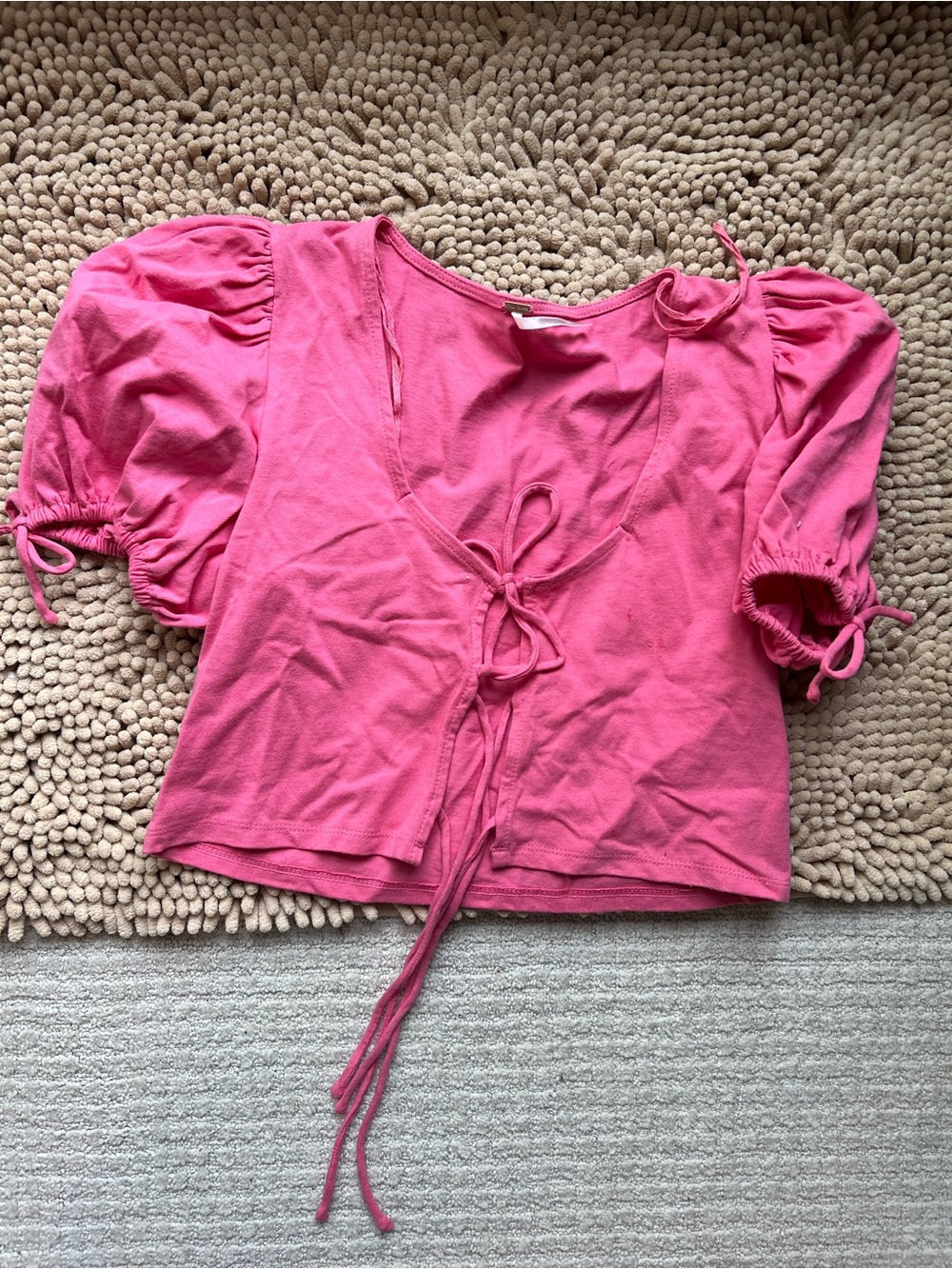 Free People Pink Tie-Front Puff Sleeve Crop Top